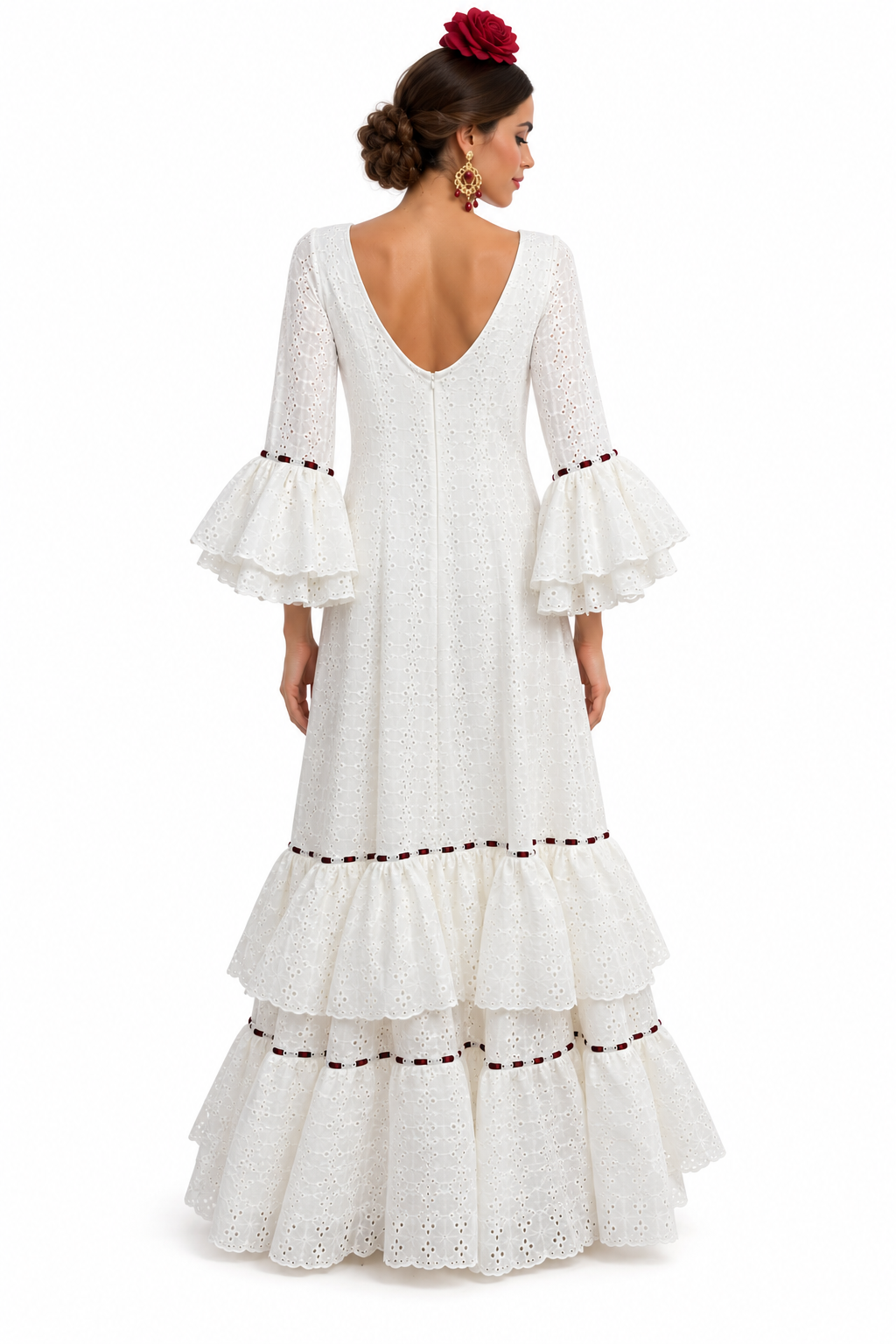 Bata flamenca ania perforada blanca con terciopelo burdeos, otra vista