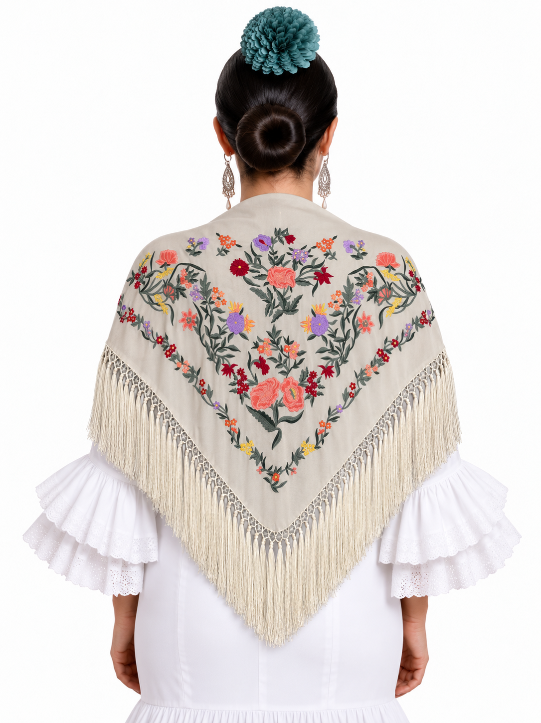MANTON ALGODON ROCIO BEIGE TOPO BORDADO CORAL
