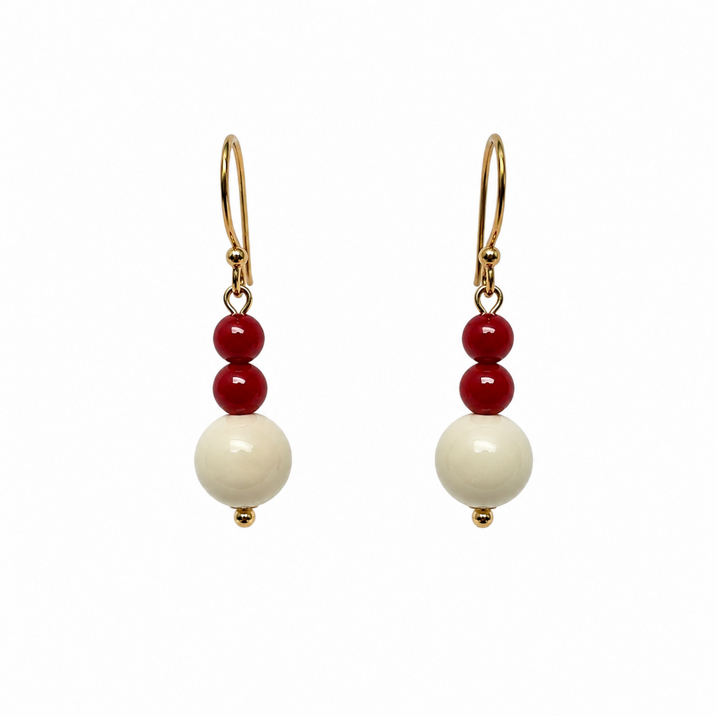 PENDIENTE TRIPLE BOLA MINI BLANCO - ROJO
