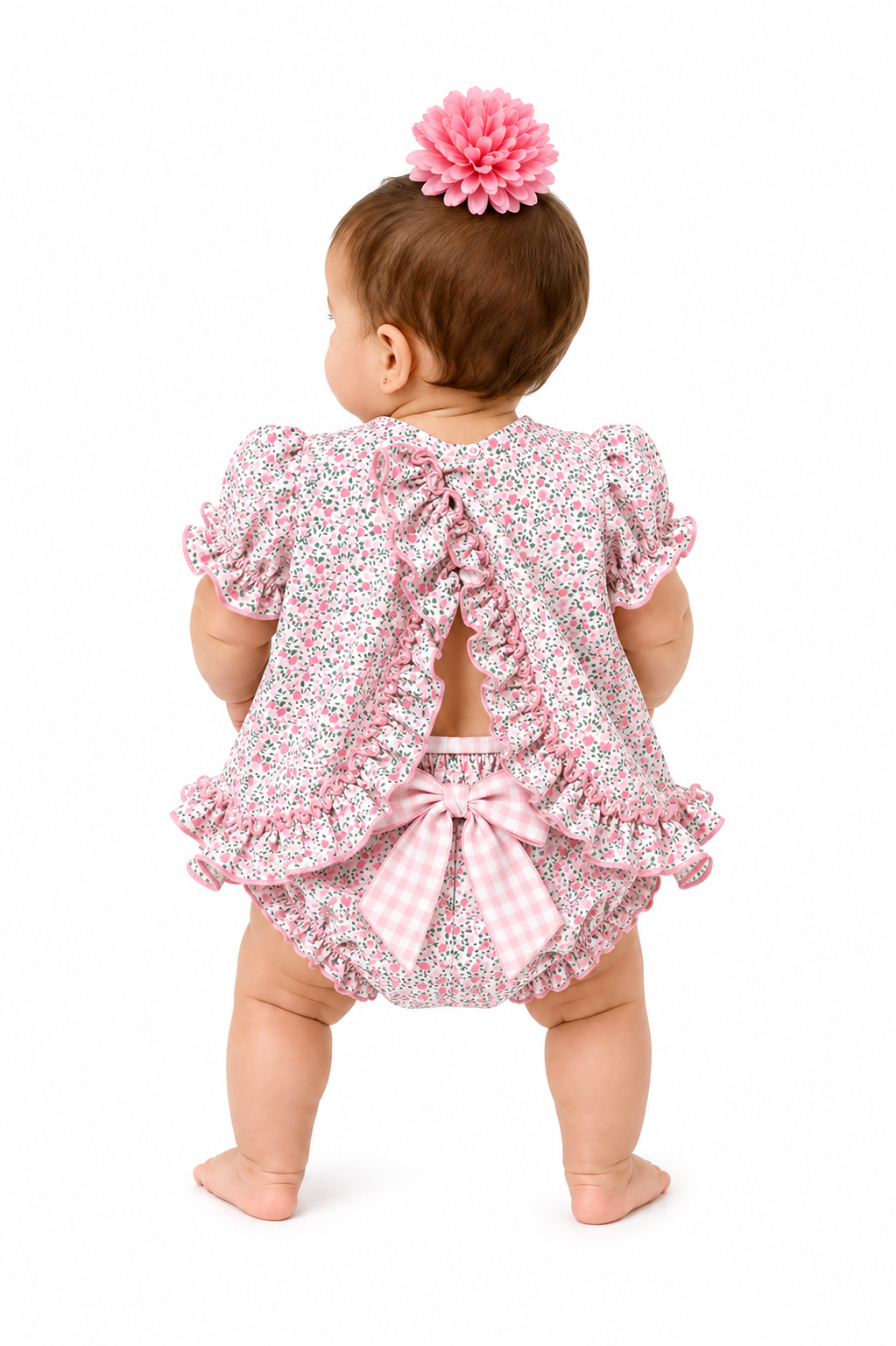 Traje flamenca bebe nuria blanco flores rosas con piquillo - Lunares del Este (detalle)