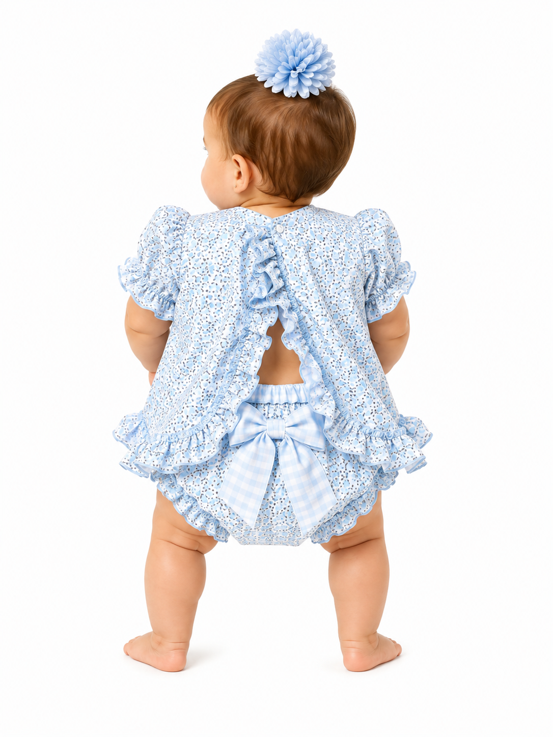 Traje flamenca bebe nuria blanco flores celestes con piquillo - Lunares del Este (detalle)