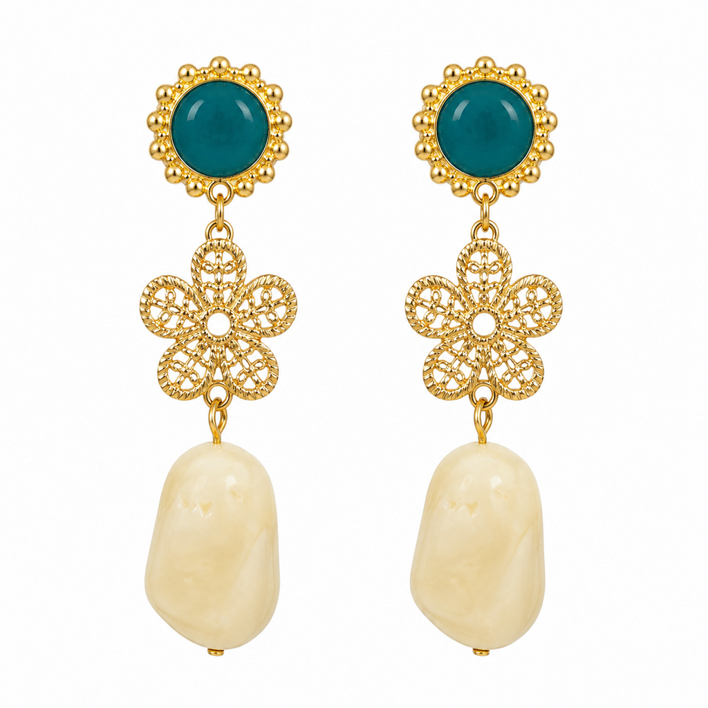 PENDIENTE FLOR PIEDRA VERDE - BEIGE