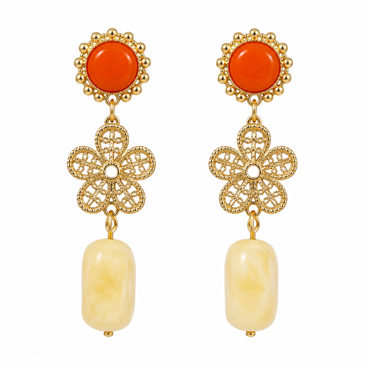 PENDIENTE FLOR PIEDRA NARANJA - BEIGE