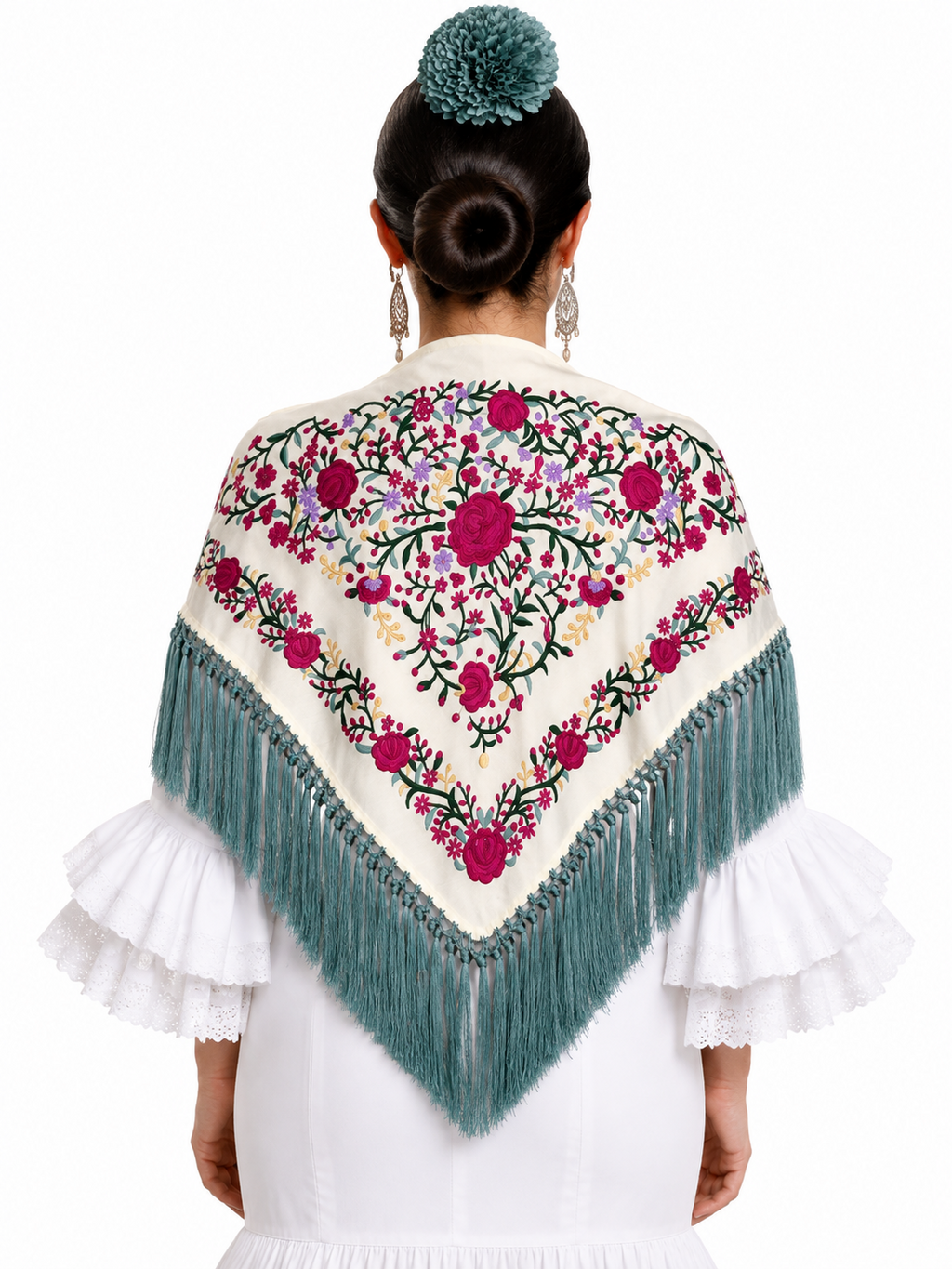 Mantón algodón Carmen beige bordado buganvilla flecos verdes para flamenca