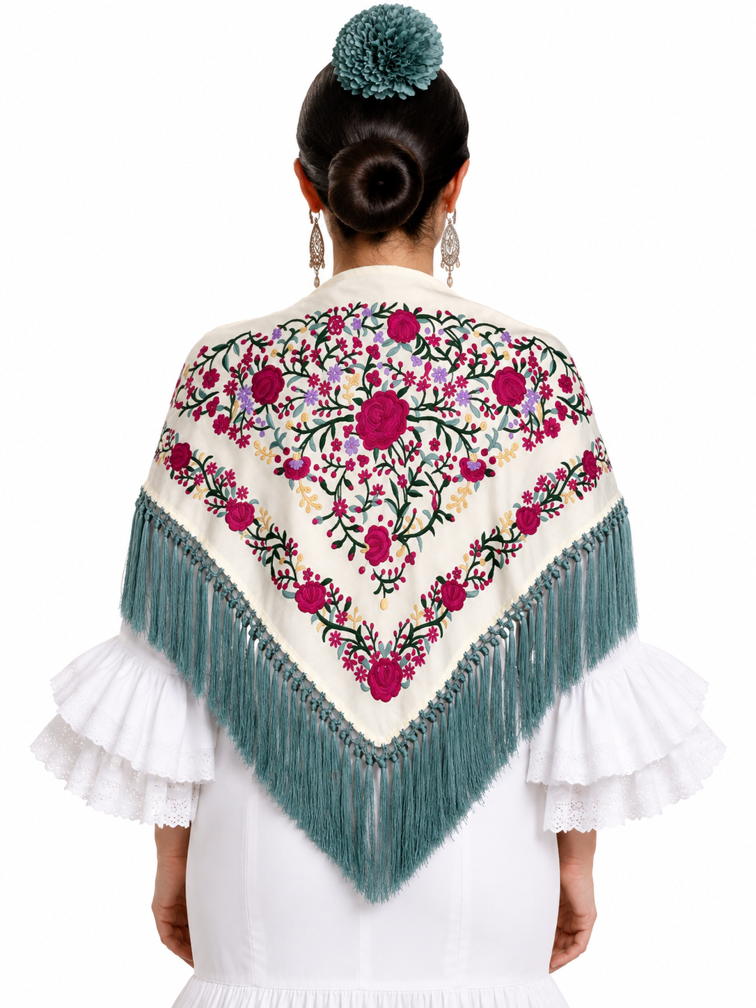 Mantón algodón Carmen beige bordado buganvilla flecos verdes para flamenca