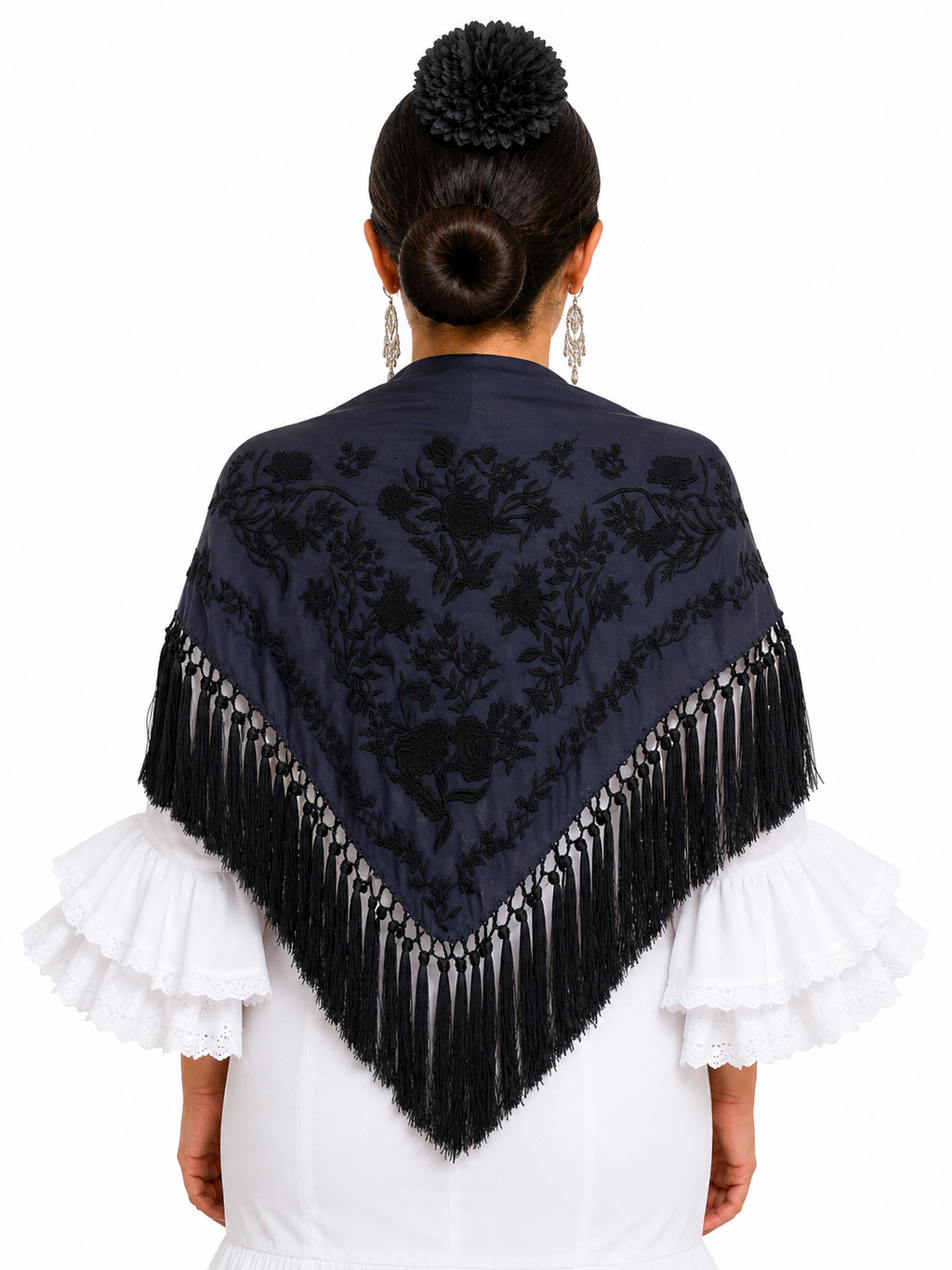 Mantón algodón Esther azul marino bordado negro para flamenca