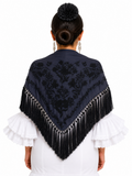 Mantón algodón Esther azul marino bordado negro para flamenca