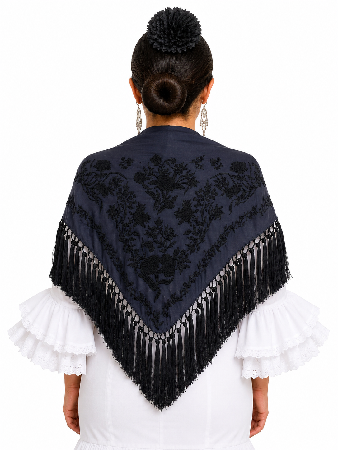 Mantón algodón Esther azul marino bordado negro para flamenca