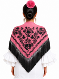 Mantón algodón Esther coral bordado negro para flamenca