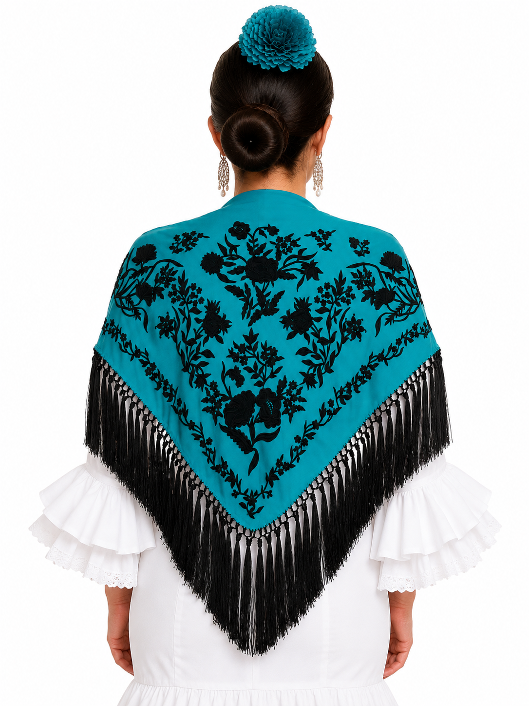 Mantón algodón Esther agua Marina bordado negro para flamenca