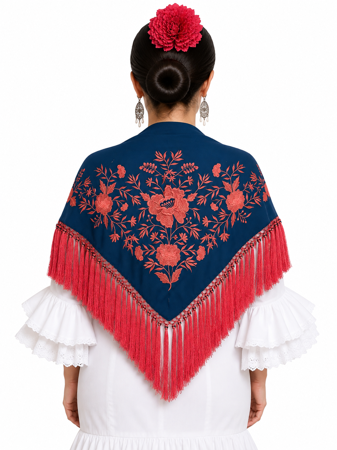 Mantón crespón Julia azul petróleo bordado coral para flamenca