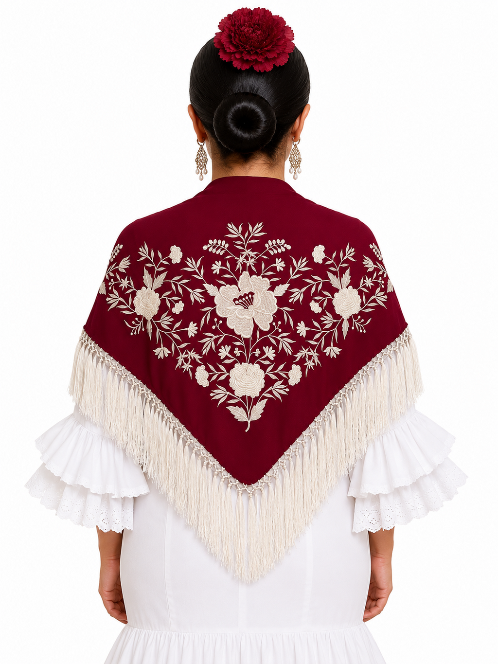 Mantón crespón Julia burdeos bordado beige para flamenca