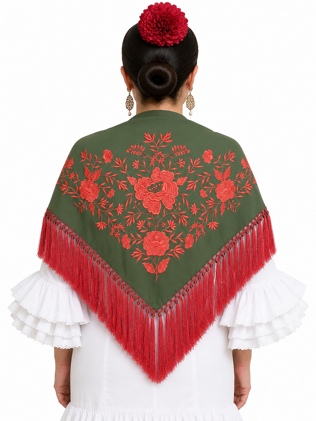 Mantón crespón Julia verde oliva bordado coral para flamenca