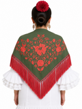Mantón crespón Julia verde oliva bordado coral para flamenca
