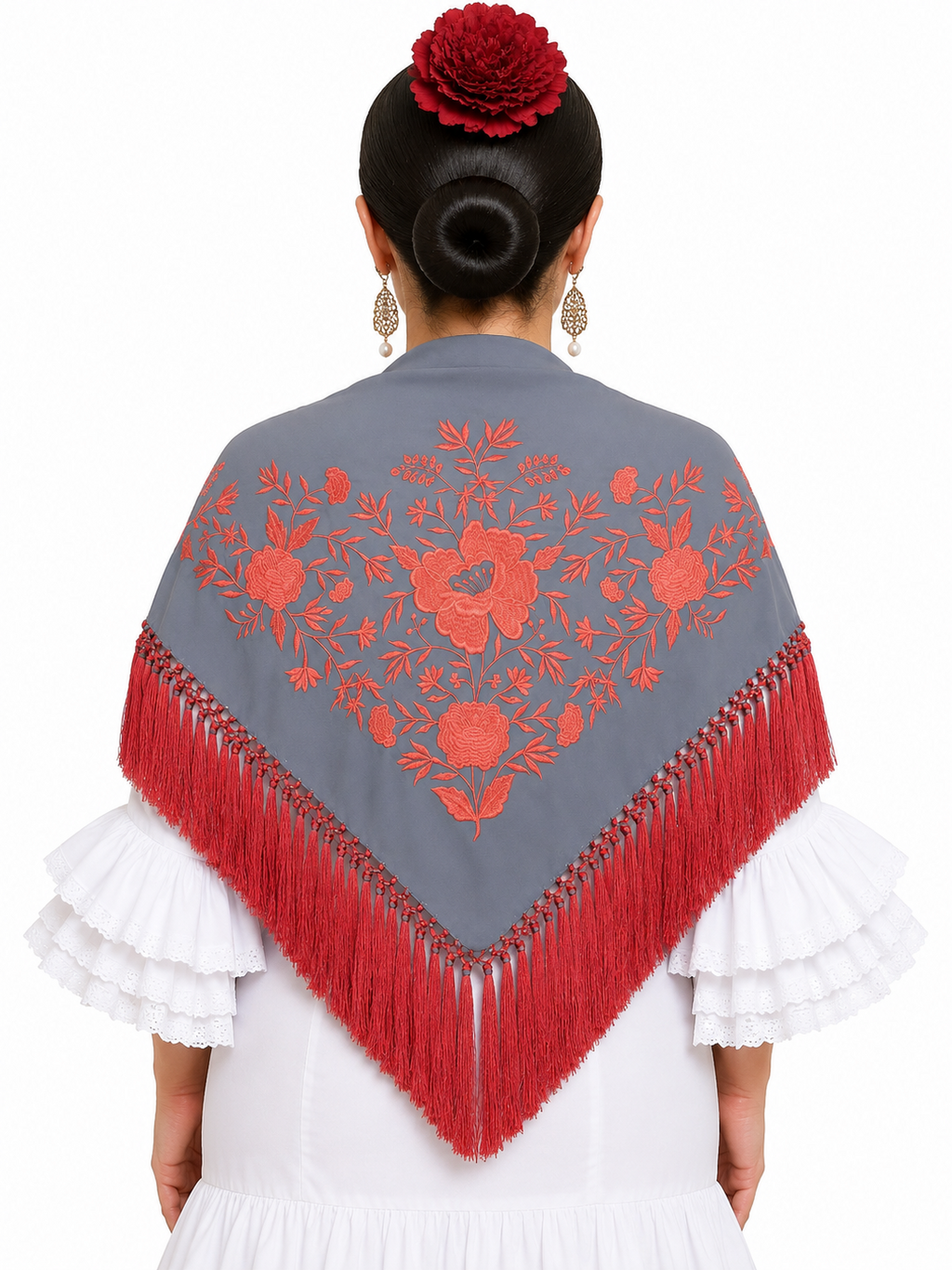 Mantón crespón Julia gris bordado coral para flamenca