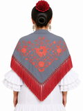 Mantón crespón Julia gris bordado coral para flamenca