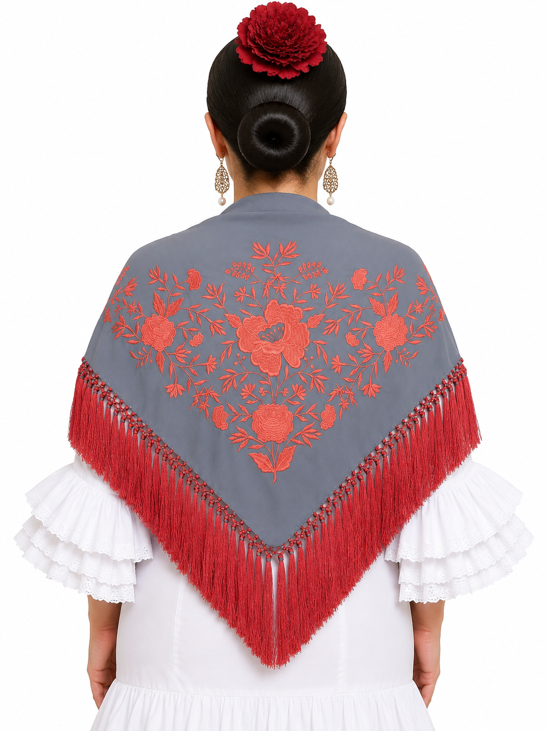 Mantón crespón Julia gris bordado coral para flamenca