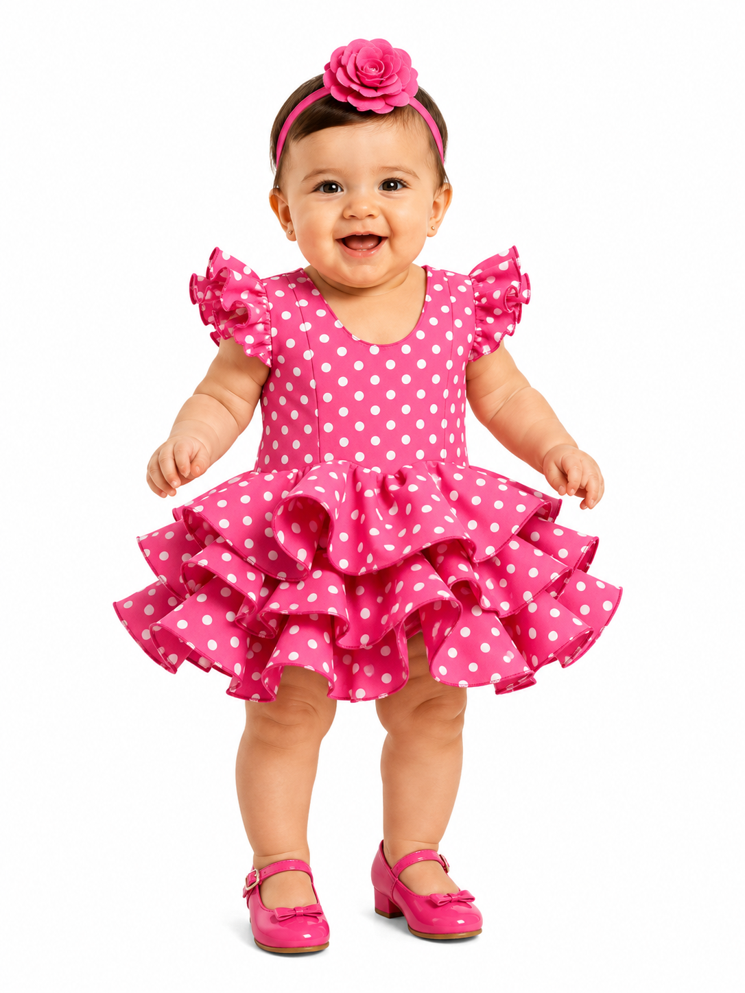 TRAJE FLAMENCA BEBE MARISOL FUCSIA LUNAR BLANCO