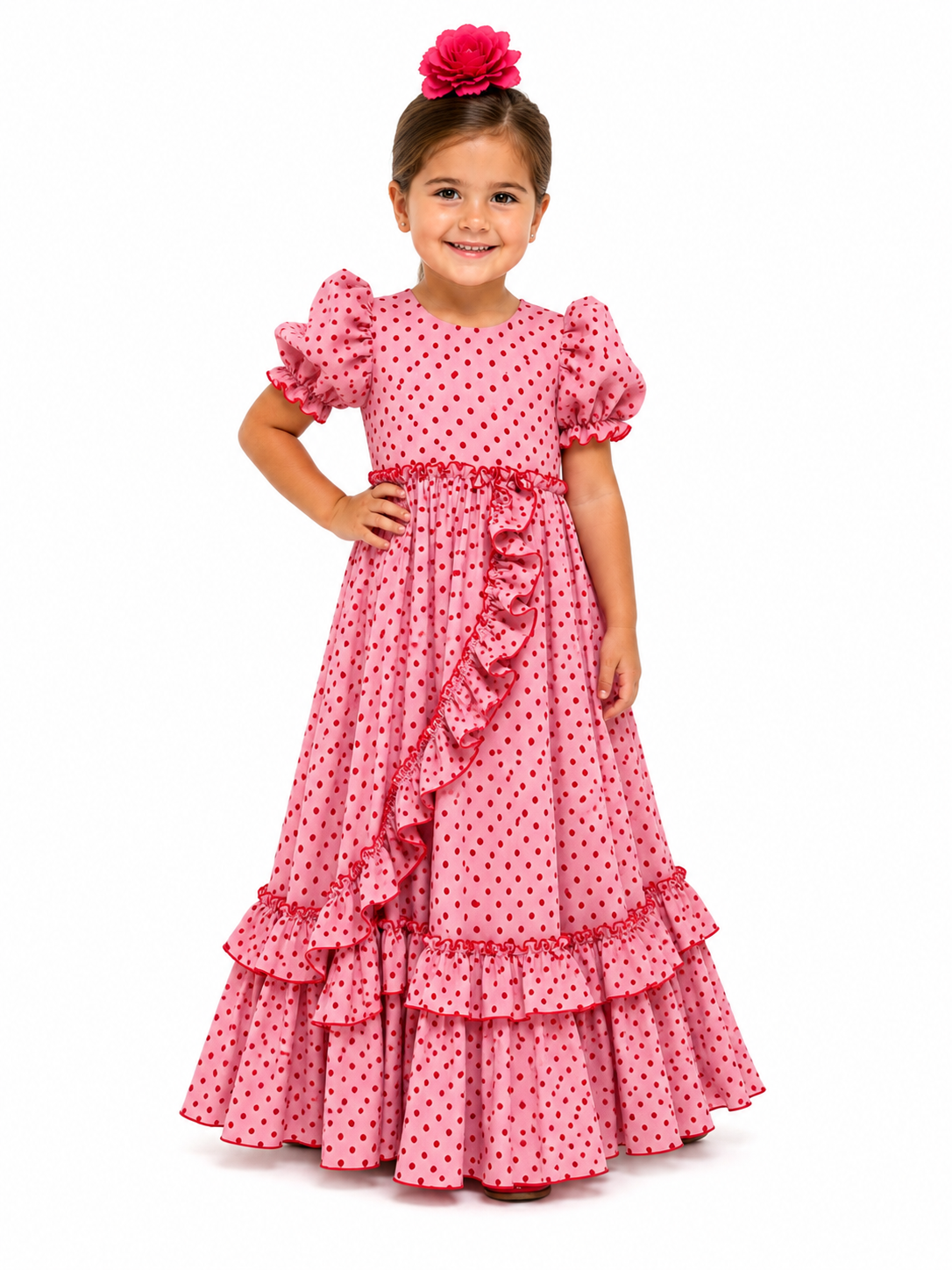 TRAJE FLAMENCA NIÑA LUNA ROSA LUNAR ROJO