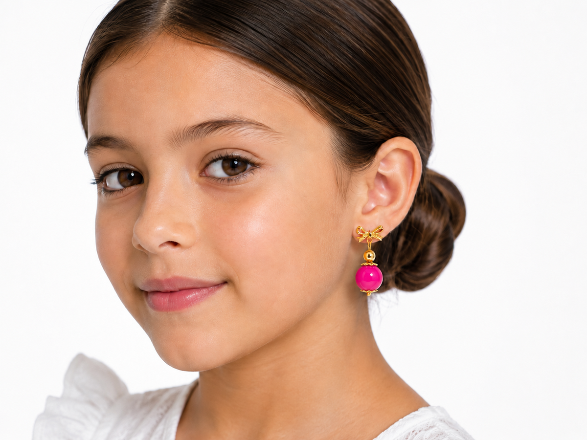 PENDIENTE NIÑA LAZO BOLITA FUCSIA