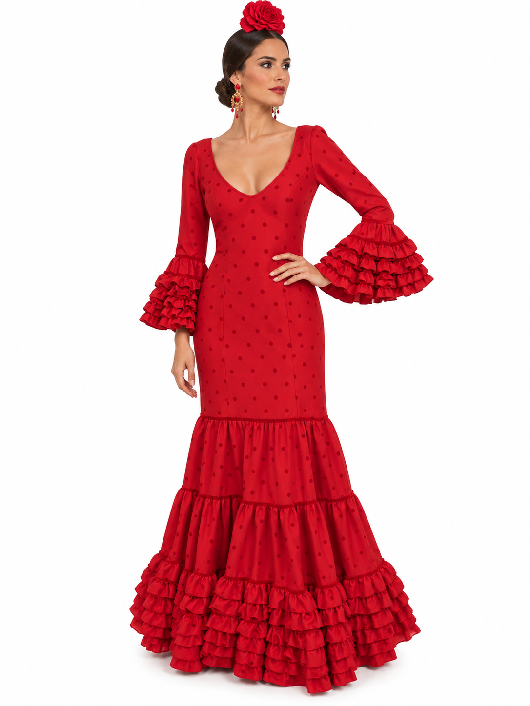 Traje de flamenca Eva rojo con lunares flocado rojo