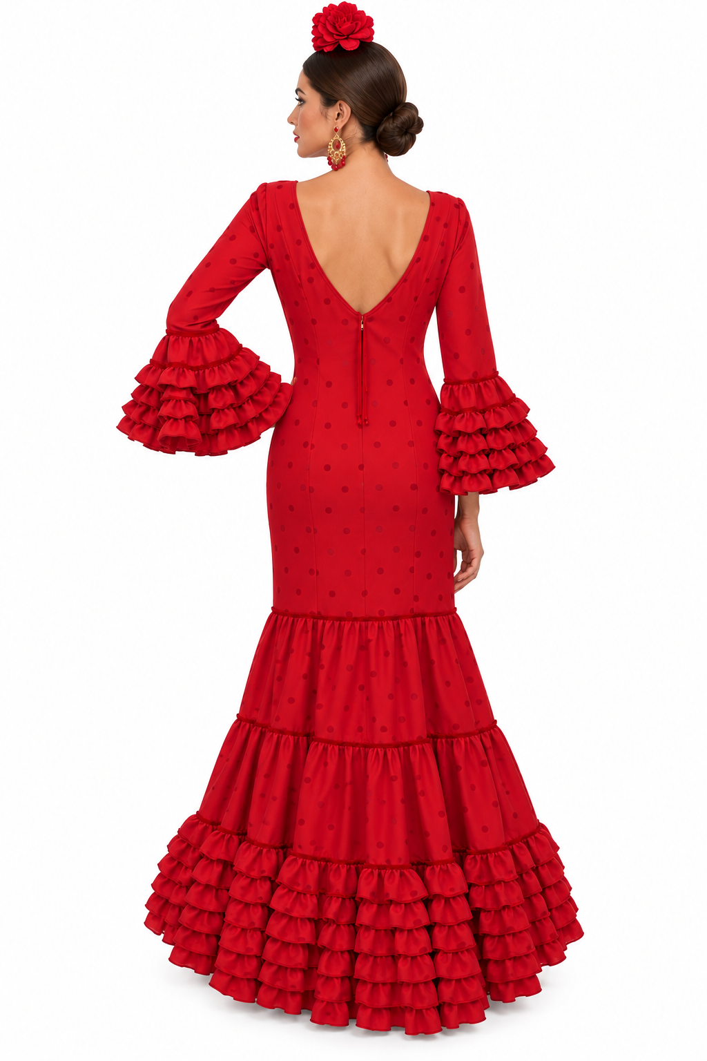 Traje de flamenca Eva rojo con lunares flocado rojo, otra vista