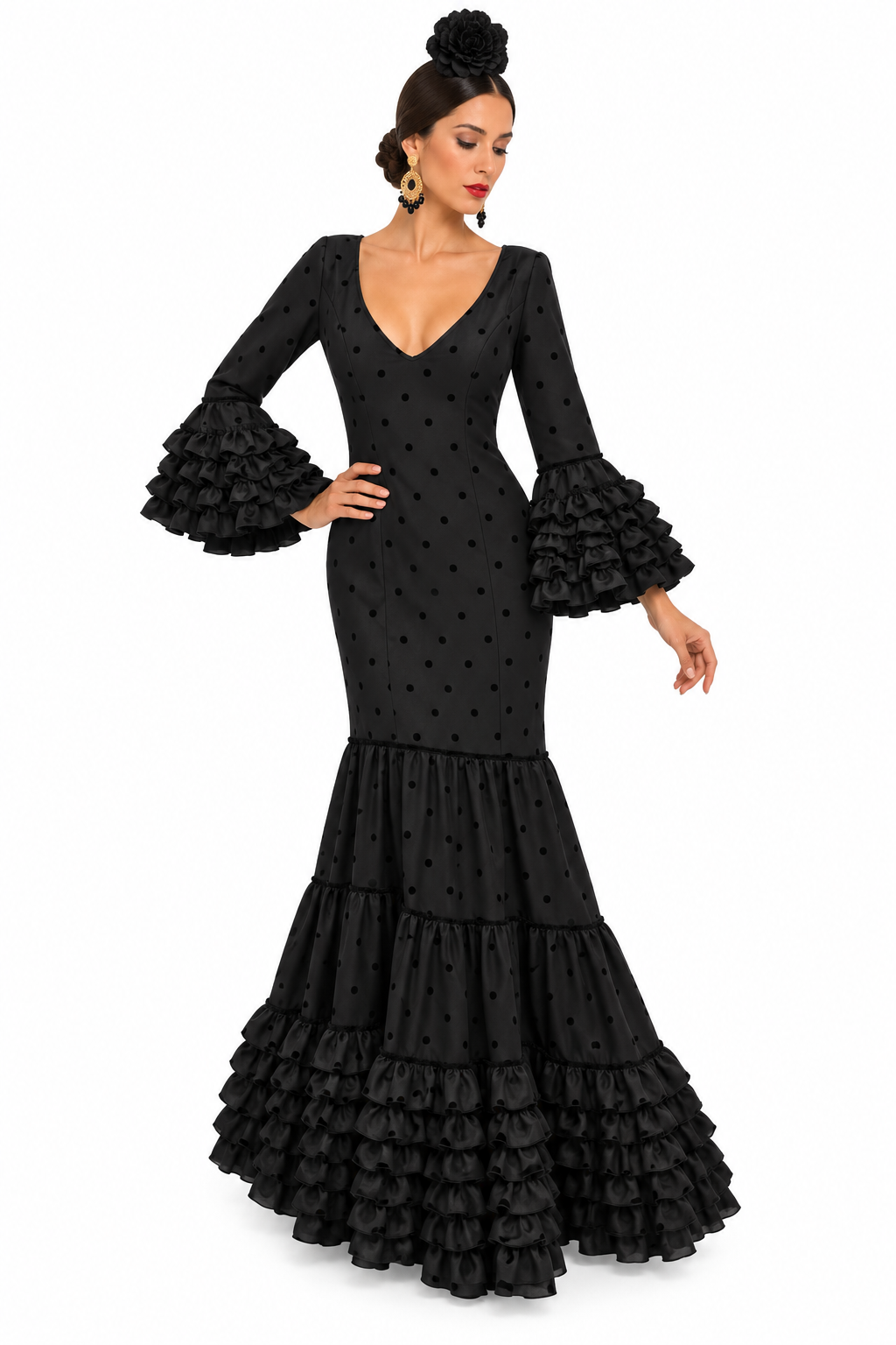 Traje de flamenca Eva negro con lunares flocado negro