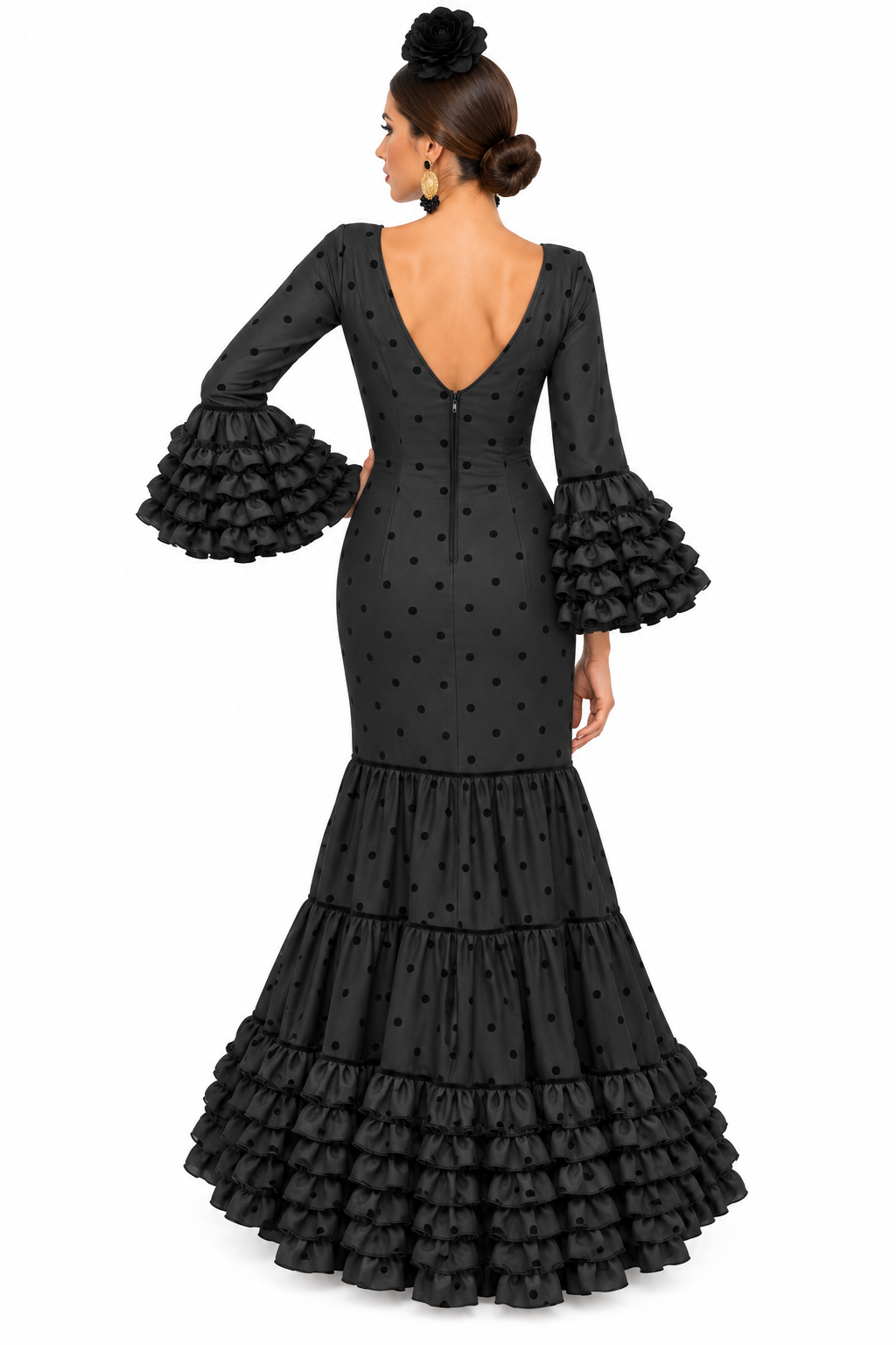 Traje de flamenca Eva negro con lunares flocado negro, otra vista