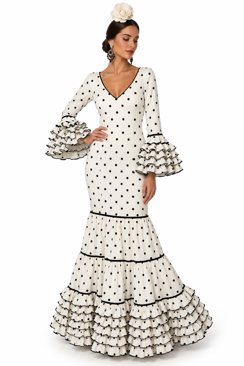 Traje de flamenca Eva beige con lunares flocado negro