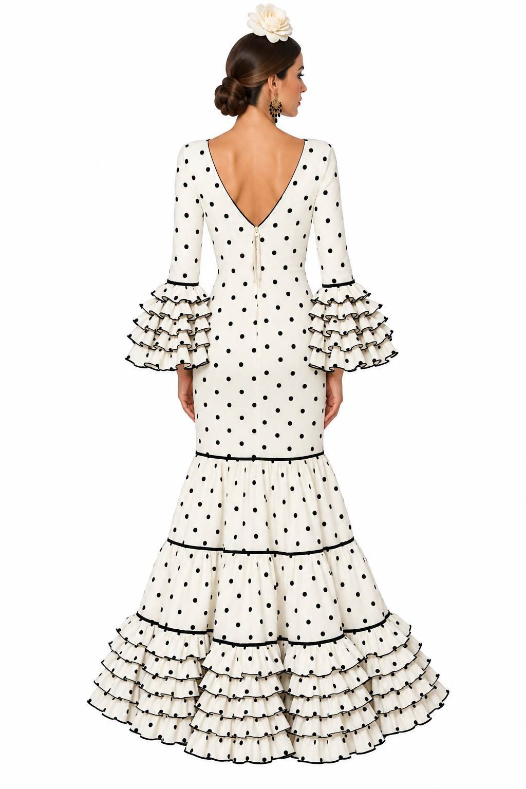 Traje de flamenca Eva beige con lunares flocado negro, otra vista