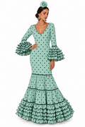 Traje de flamenca Eva verde jabonoso con lunares flocado negro