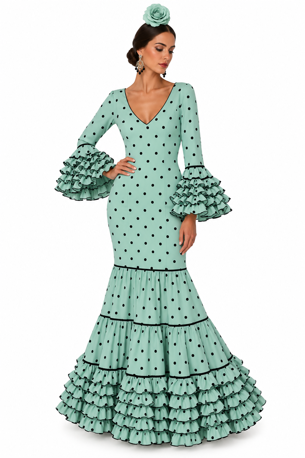 Traje de flamenca Eva verde jabonoso con lunares flocado negro