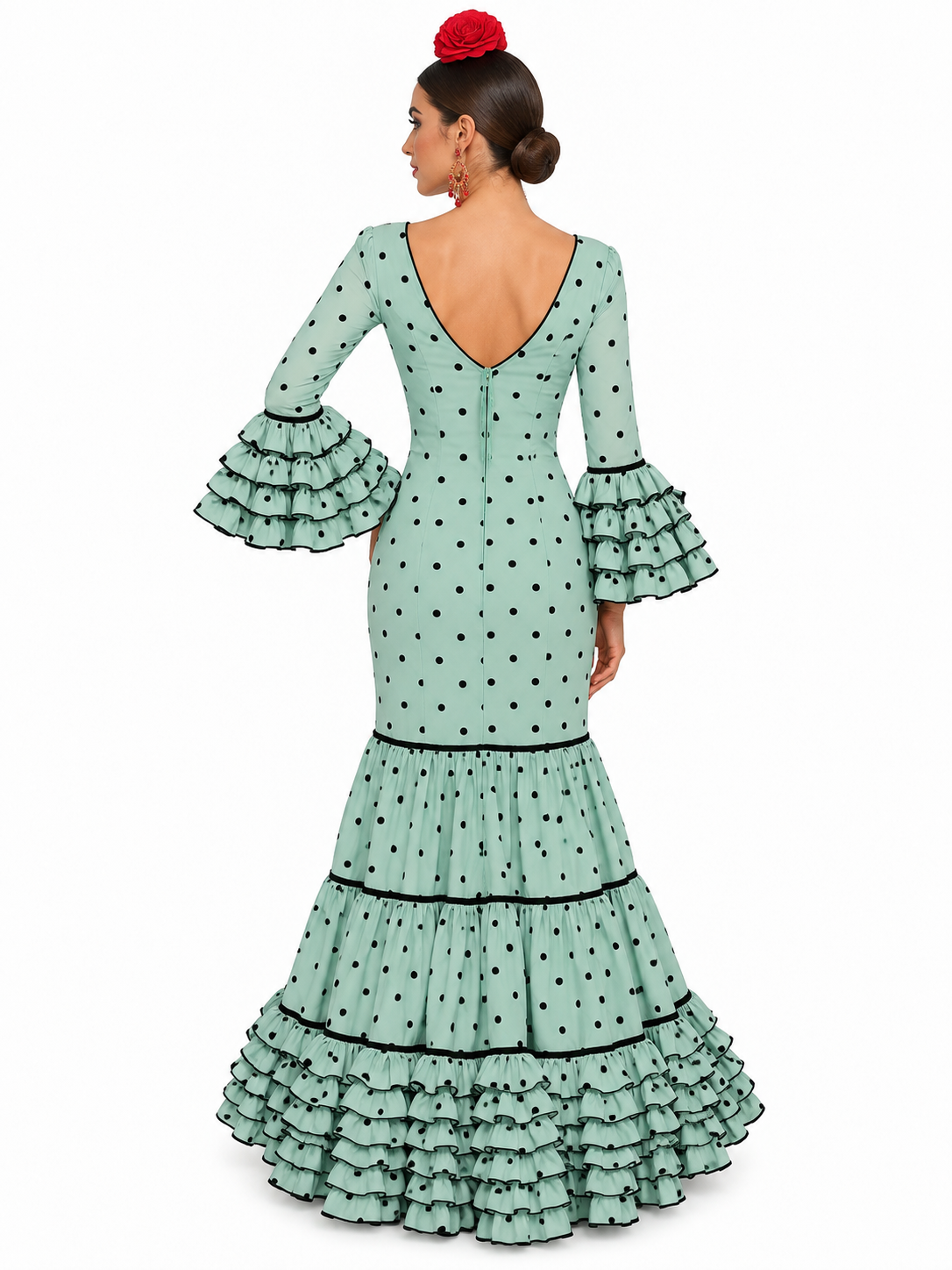 Traje de flamenca Eva verde jabonoso con lunares flocado negro, otra vista