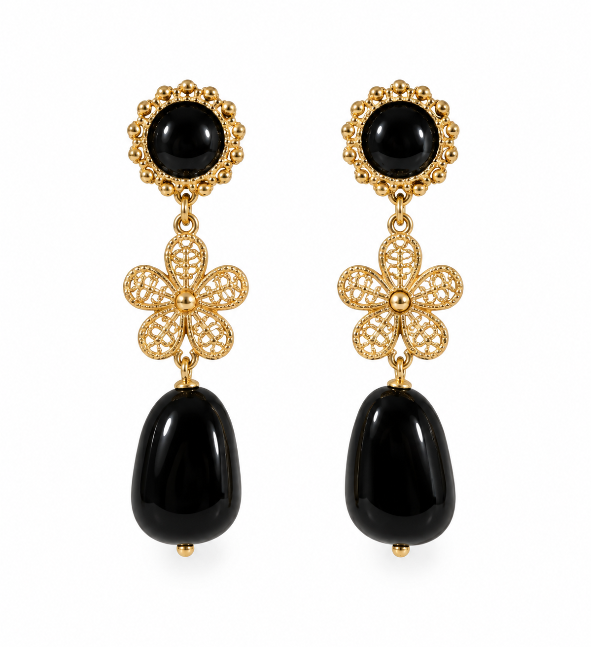 PENDIENTE FLOR PIEDRA NEGRO - NEGRO