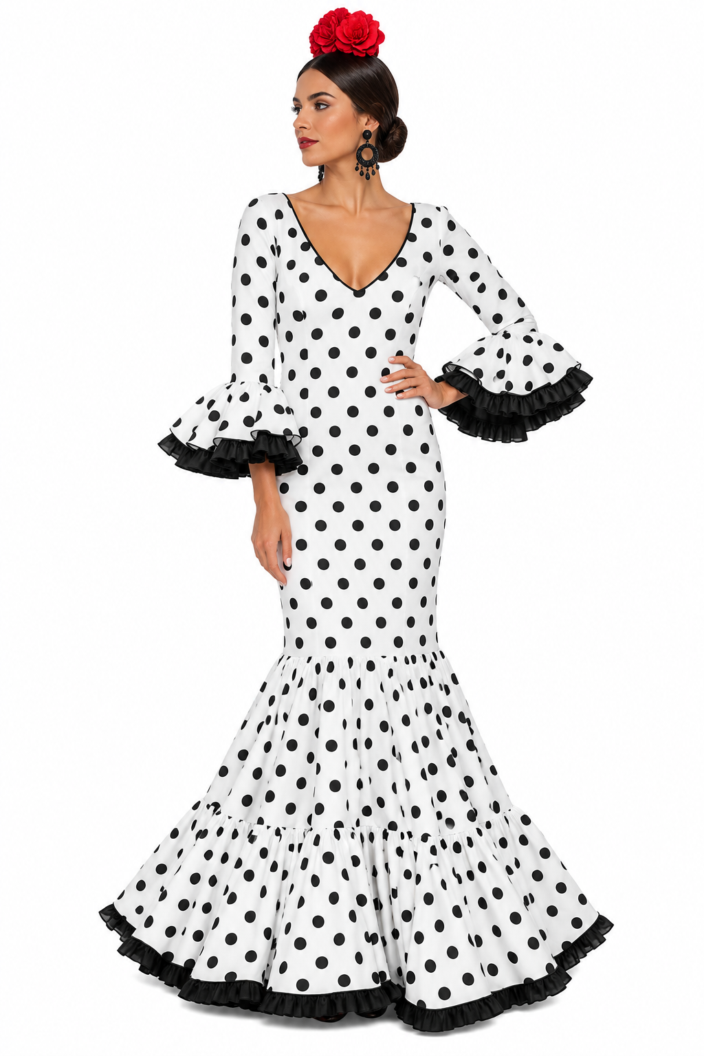 Traje de flamenca Carmen doble blanco con lunares negro