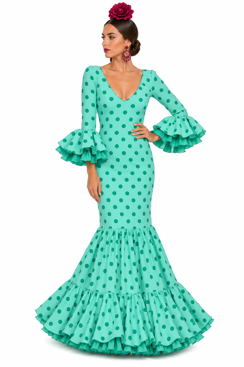 Traje de flamenca Carmen doble verde con lunares verde
