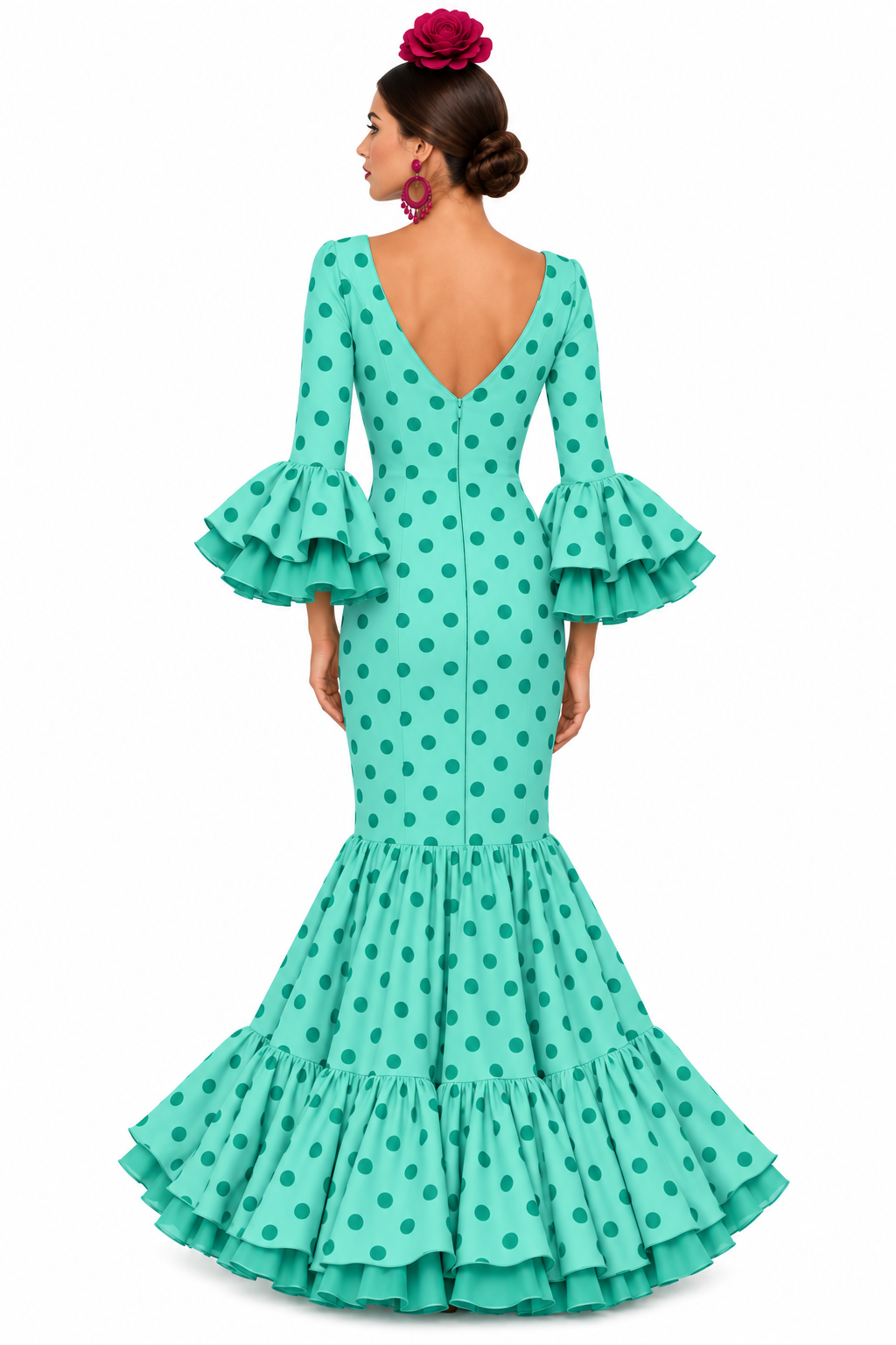 Traje de flamenca Carmen doble verde con lunares verde, otra vista