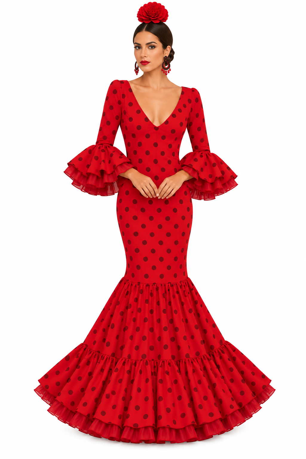 Traje de flamenca Carmen doble rojo con lunares rojo