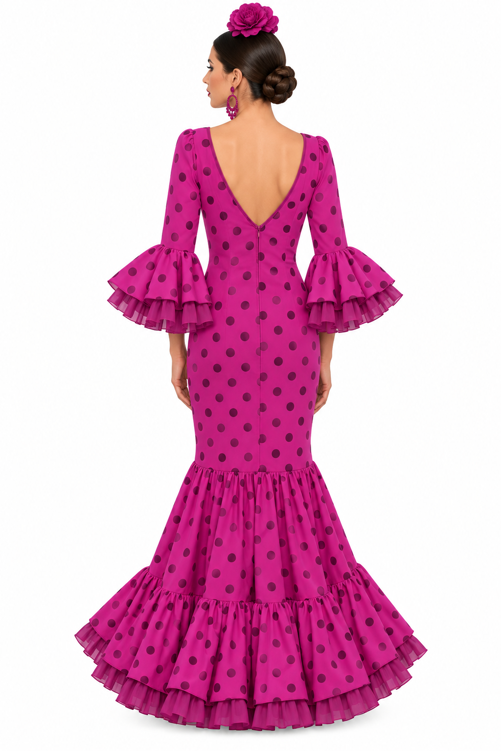 Traje de flamenca Carmen doble buganvilla con lunares buganvilla, otra vista