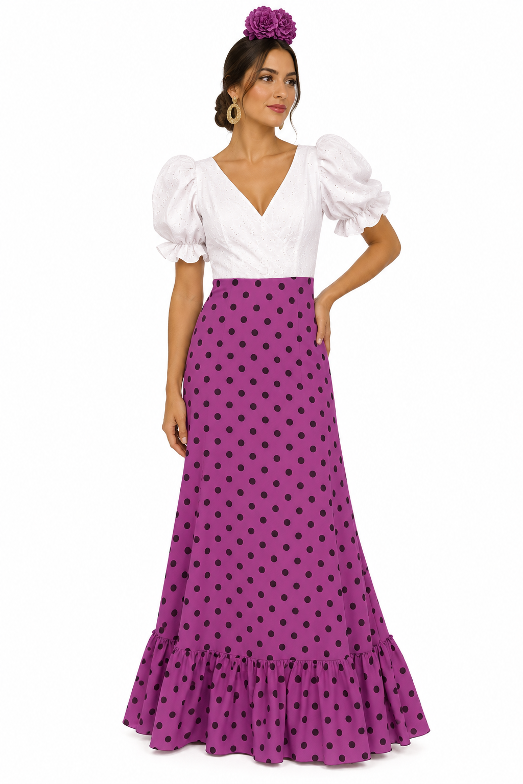 BATA FLAMENCA CARLOTA CON PIQUILLO MORADA LUNAR MORADO