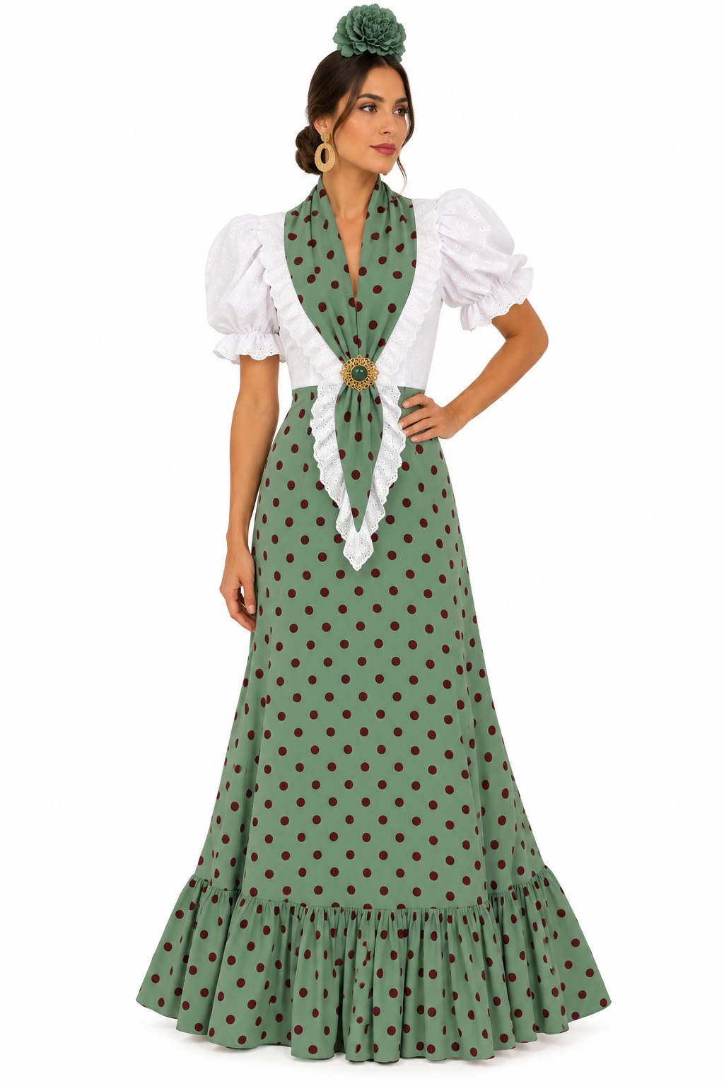 BATA FLAMENCA CARLOTA CON PIQUILLO VERDE JABONOSO LUNAR BURDEOS