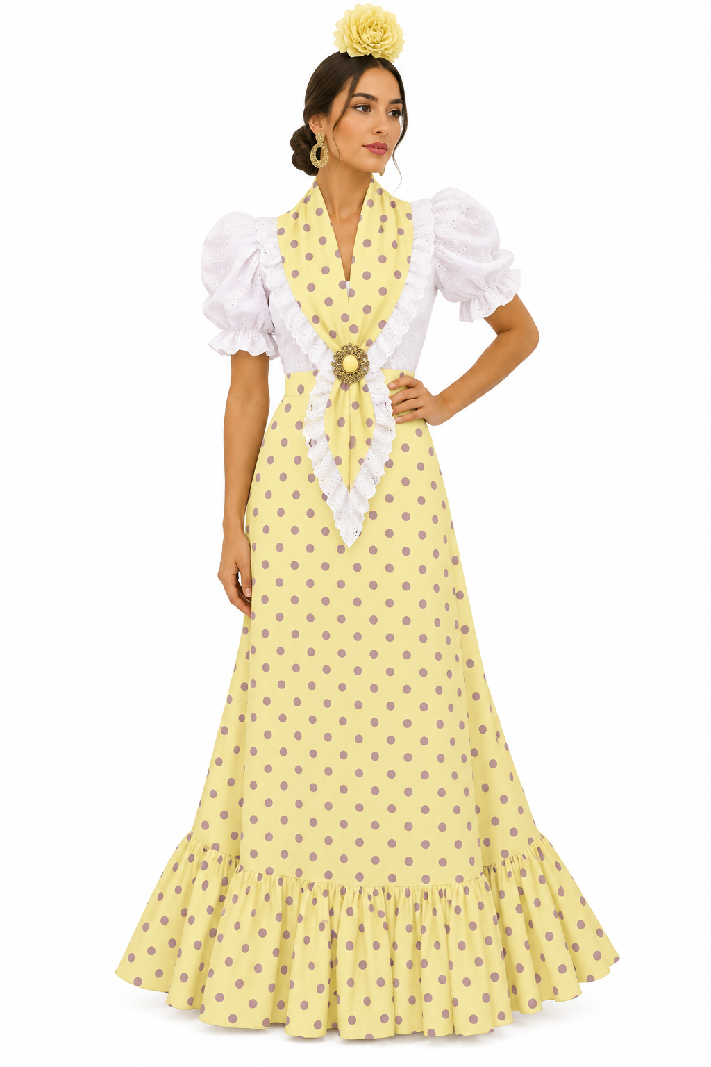 BATA FLAMENCA CARLOTA CON PIQUILLO MANTEQUILLA LUNAR LILA