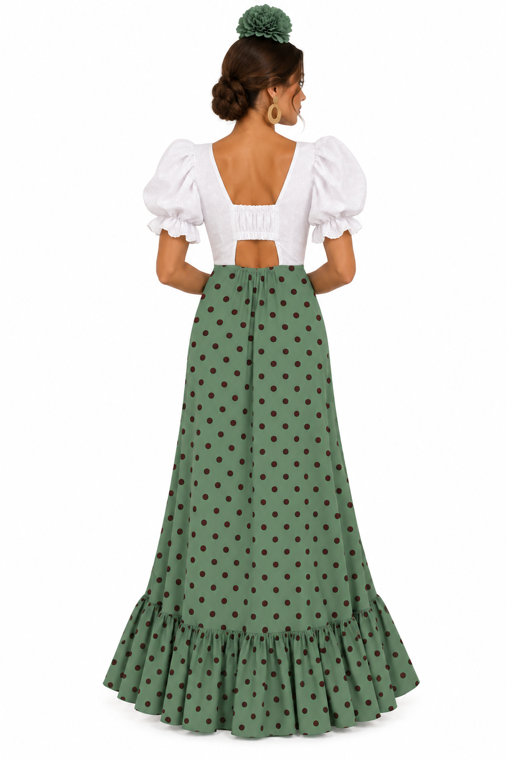 BATA FLAMENCA CARLOTA CON PIQUILLO VERDE JABONOSO LUNAR BURDEOS