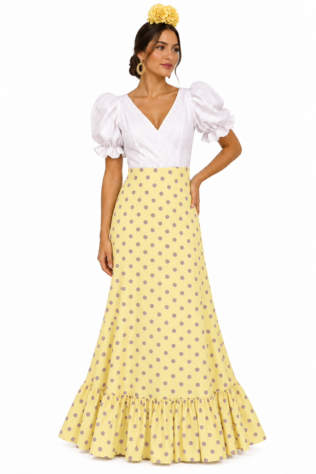 BATA FLAMENCA CARLOTA CON PIQUILLO MANTEQUILLA LUNAR LILA