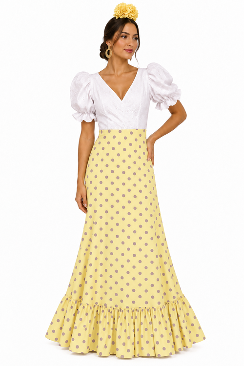 BATA FLAMENCA CARLOTA CON PIQUILLO MANTEQUILLA LUNAR LILA
