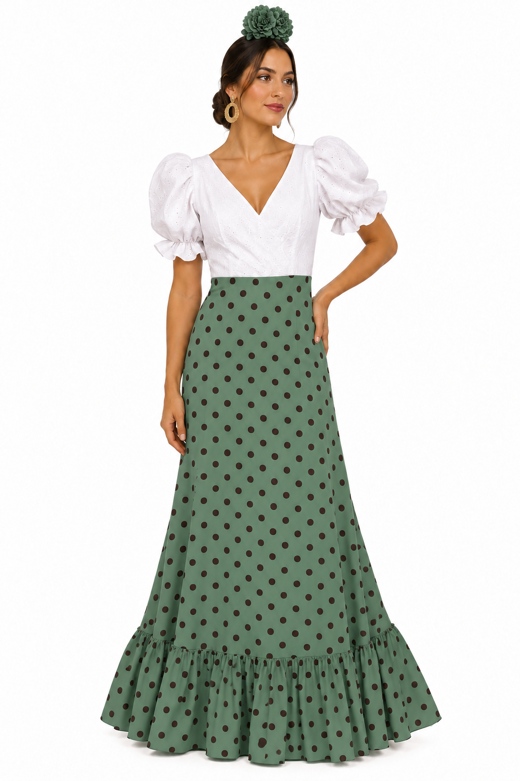BATA FLAMENCA CARLOTA CON PIQUILLO VERDE JABONOSO LUNAR BURDEOS