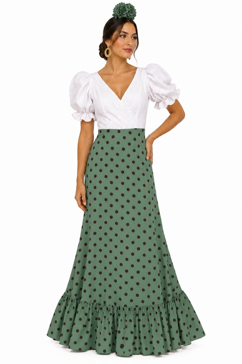 BATA FLAMENCA CARLOTA CON PIQUILLO VERDE JABONOSO LUNAR BURDEOS