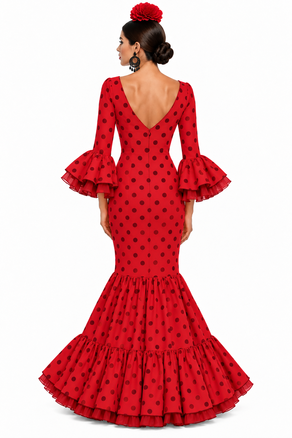 Traje de flamenca Carmen doble rojo con lunares rojo, otra vista