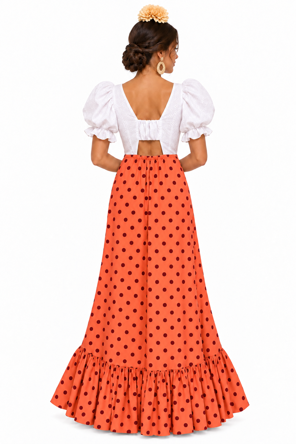 BATA FLAMENCA CARLOTA CON PIQUILLO NARANJA LUNAR BURDEOS