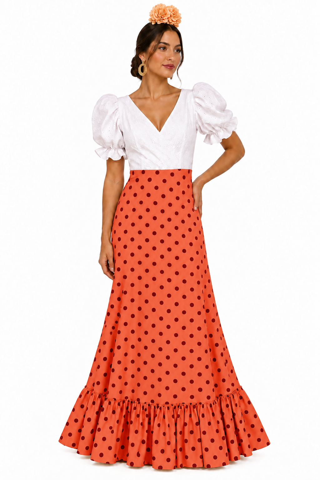 BATA FLAMENCA CARLOTA CON PIQUILLO NARANJA LUNAR BURDEOS